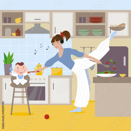 Busy mom enjoys music while feeding her baby and cooking at the same time. Super mom, maternity concept.