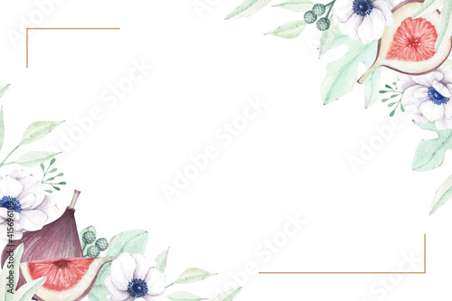 Lovely anemone flower and figs floral frame