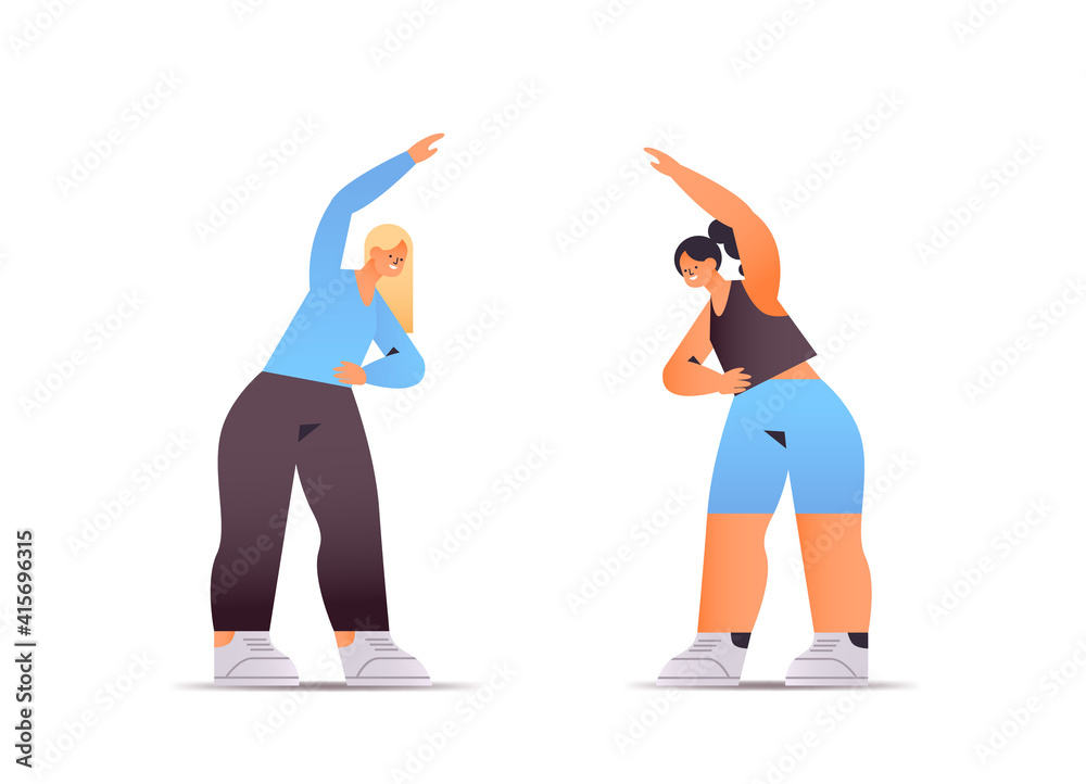 happy women in sportswear doing stretching exercises healthy lifestyle concept isolated full length horizontal vector illustration happy women in sportswear doing stretching exercises healthy lifestyle concept isolated full length horizontal vector illustration