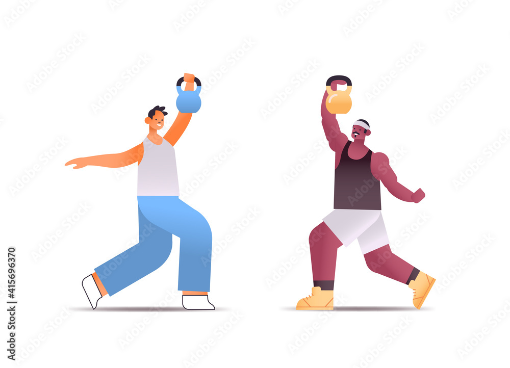 mix race men in sportswear doing physical exercises with kettlebells healthy lifestyle concept isolated full length horizontal vector illustration