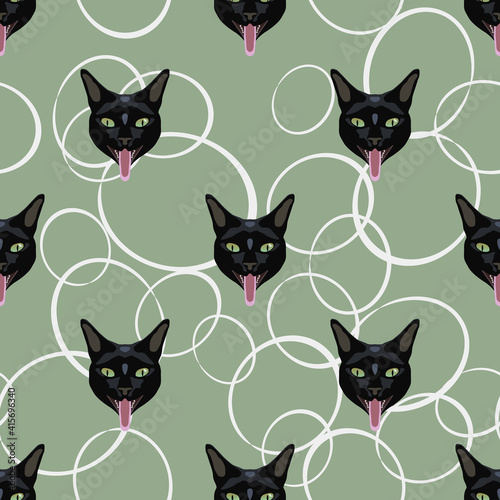 Seamless animal pattern with heads of black cat and abstract ellipses.