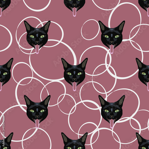 Seamless animal pattern with heads of black cat and abstract ellipses.