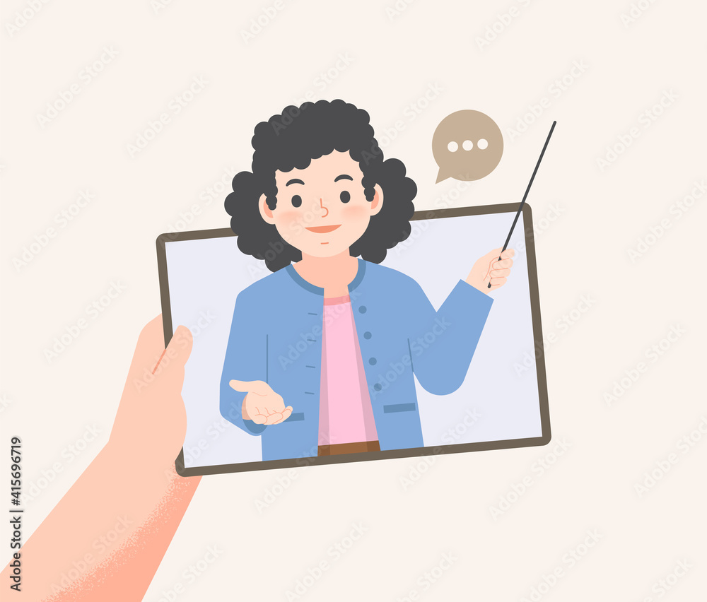 a hand holding tablet see teacher teaching video call online to learning from distancing place, illustration vector. Education Concept. a hand holding tablet see teacher teaching video call online to learning from distancing place, illustration vector. Education Concept.