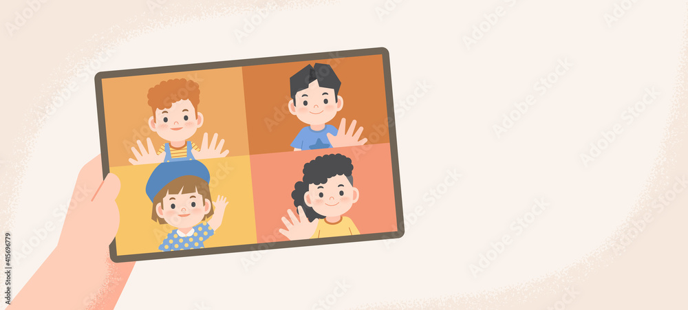 a hand holding tablet children video call social online group to connect together with friends from distancing place illustration vector and wording space banner. a hand holding tablet children video call social online group to connect together with friends from distancing place illustration vector and wording space banner.