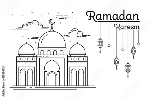mosque illustration monoline style vector design ramadan concept with lantern decoration