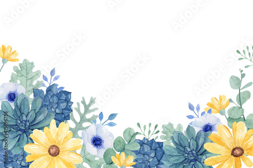 Watercolor floral with succulent, anemone flower and yellow daisy