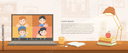 a laptop desktop children video call social online group to connect together with friends from distancing place stay on the desk at home banner illustration vector.