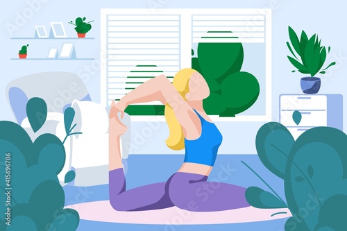 Young woman practicing yoga at home. Girl meditating in yoga posture. Healthy lifestyle, morning fitness activities, workout. Stay at home concept flat vector illustration © tanjaal