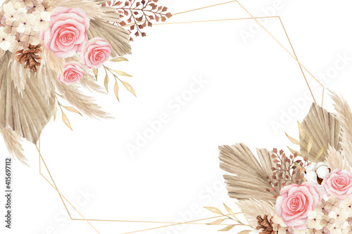 Watercolor bohemian floral frame with rose and dried leaves