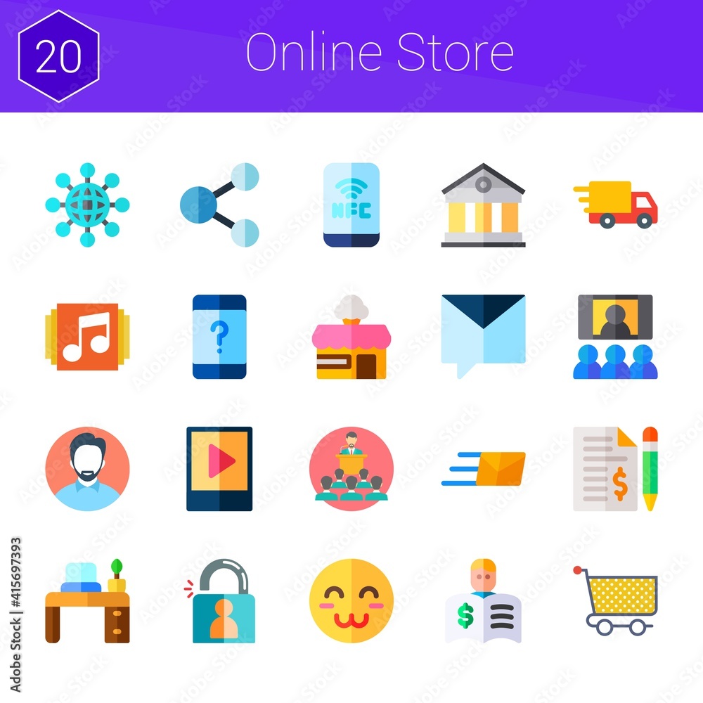 online store icon set. 20 flat icons on theme online store. collection of video player, shop, satisfied, contract, customer service, nfc, delivery truck, private message, login online store icon set. 20 flat icons on theme online store. collection of video player, shop, satisfied, contract, customer service, nfc, delivery truck, private message, login