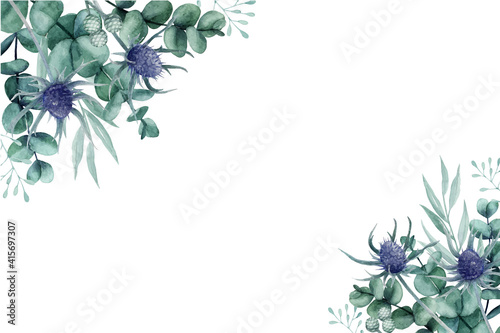 Obraz na płótnie Beautiful thistle flower and eucalyptus leaves floral background