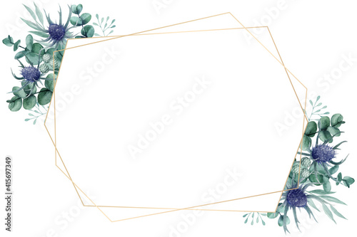 Foto Watercolor thistle and eucalyptus floral frame