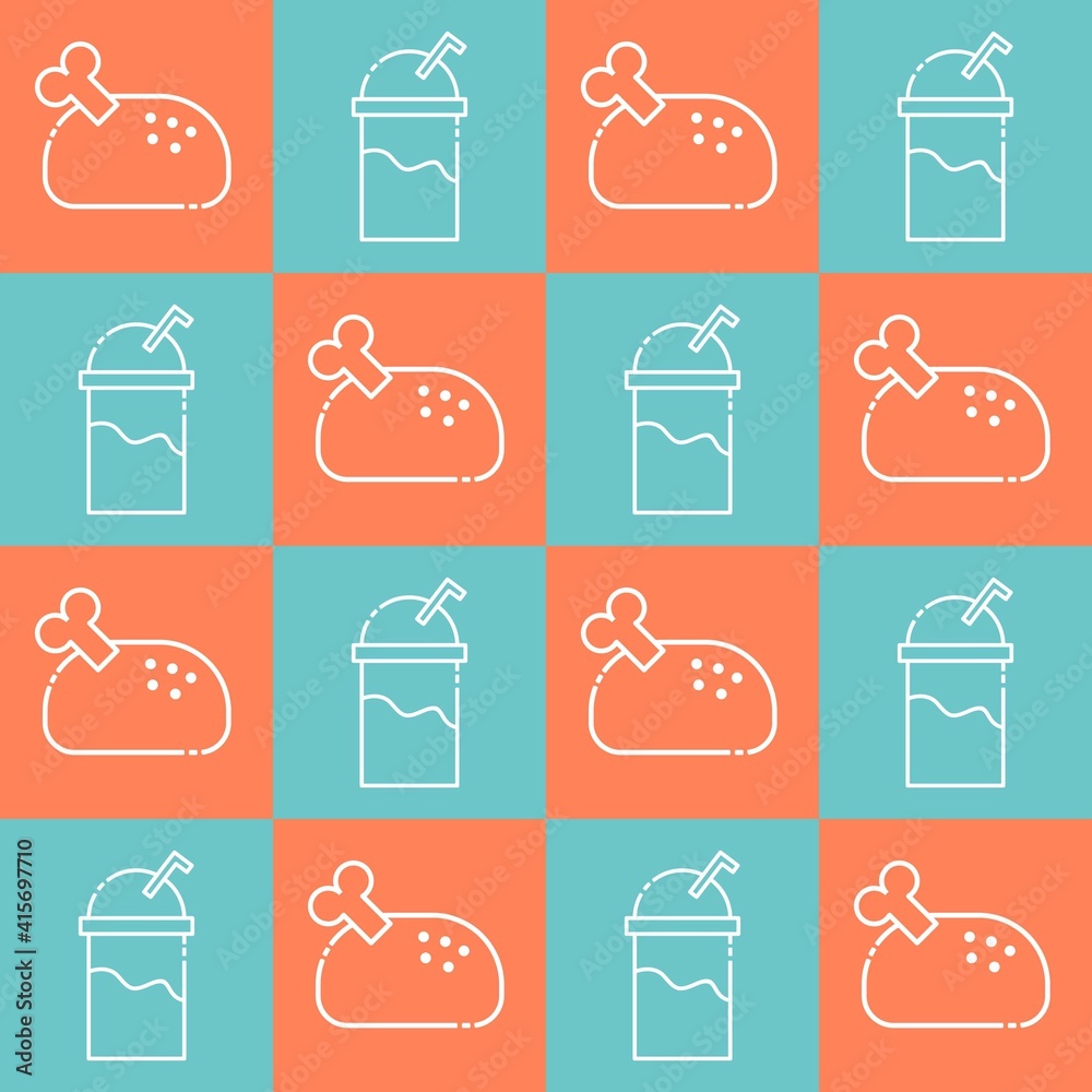 Illustration vector graphic of chicken and ice drink in pattern. Fit to place on packaging design, food court wallpaper, culinary event backdrop Illustration vector graphic of chicken and ice drink in pattern. Fit to place on packaging design, food court wallpaper, culinary event backdrop