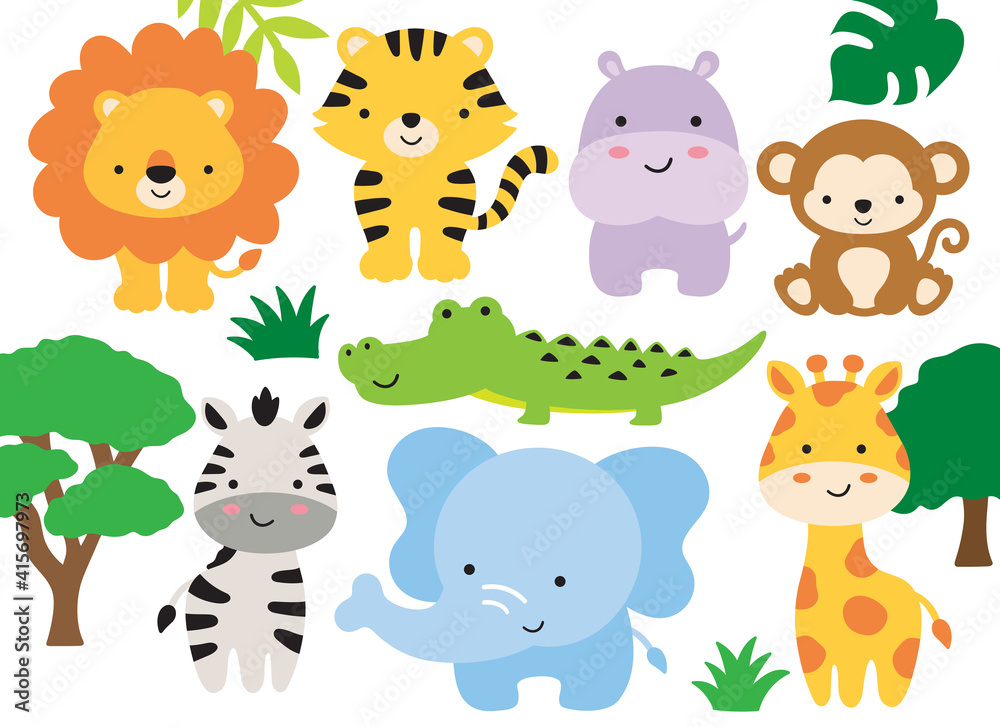 Fototapeta premium Vector illustration of safari jungle animals including a lion, tiger, hippo, monkey, zebra, crocodile, alligator, elephant, and giraffe.
