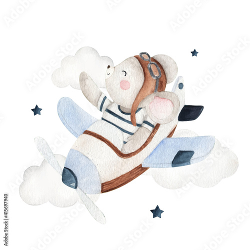 Cute little mouse as a pilot watercolor illustration