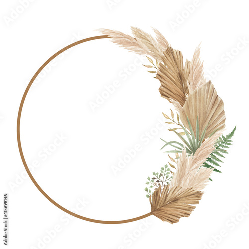 Aesthetic floral frame with dried palm leaves, pampas grass and fern photo