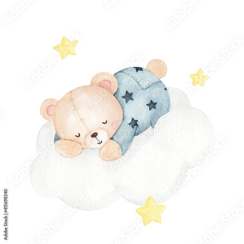 Cute sleeping little bear watercolor illustration