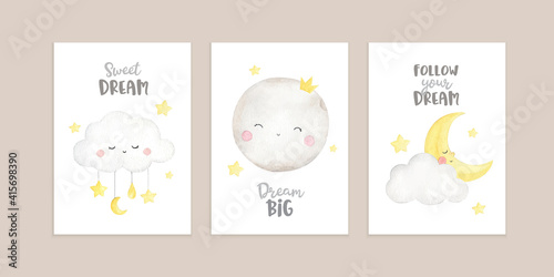 Set of gender neutral nursery room decoration with cute night sky illustration