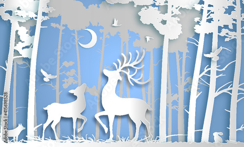 Elk Moonlight Forest Vector Illustration