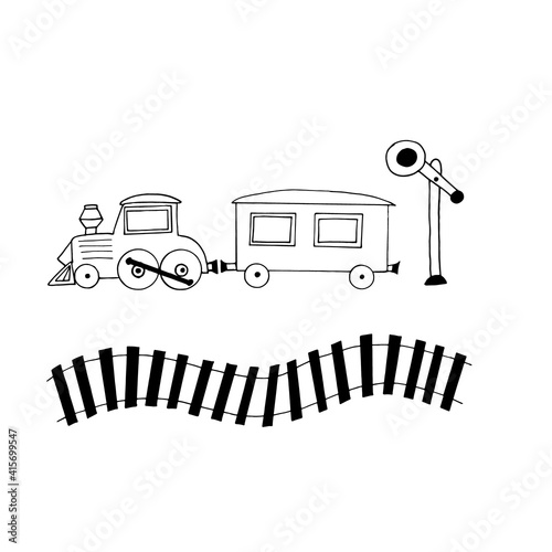 steam locomotive and carriage, railway, simaphor set icon. sketch hand drawn doodle style. minimalism, monochrome. train, transport, children, toys.