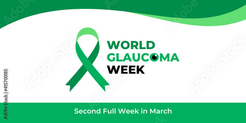 World glaucoma week. Vector banner, poster, flyer, greeting card for social media with text World glaucoma week second full week in march. Illustration with green ribbon, white background.