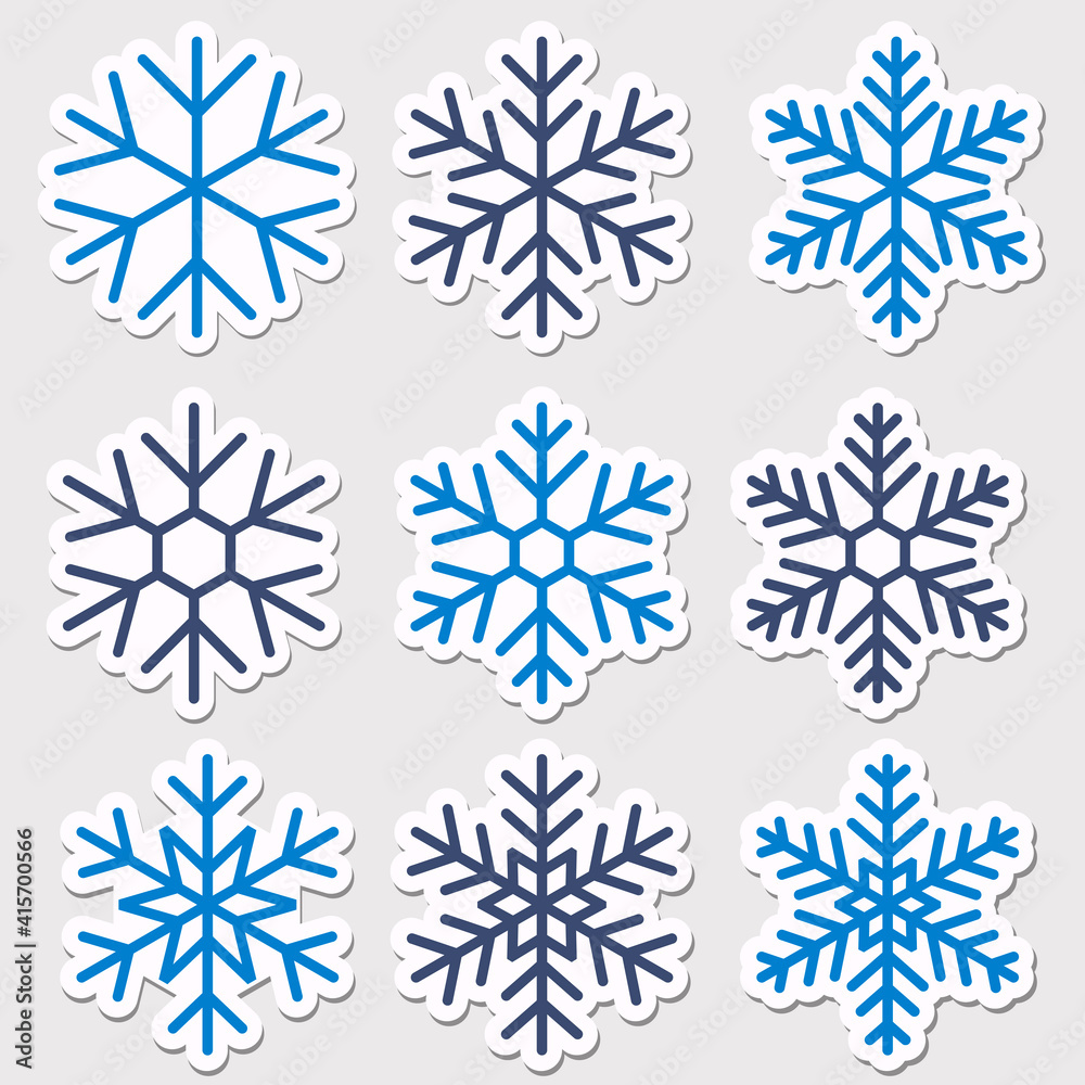 Set of snowflakes stickers for winter decoration of sites and advertising. Vector illustration.
