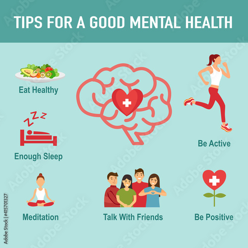 Tips for a good mental health with useful advices infographic concept vector illustration. Healthy brain and mindfulness.