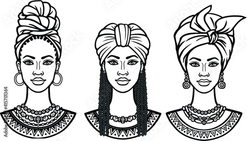African beauty: animation portrait of the  beautiful black woman in  different turbans. Three options. Monochrome drawing. Vector illustration isolated on a white background.