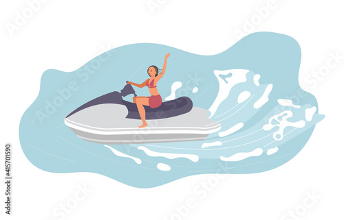 A young woman races on aqua bike. Happy character isolated on white background. Flat Art Vector illustration
