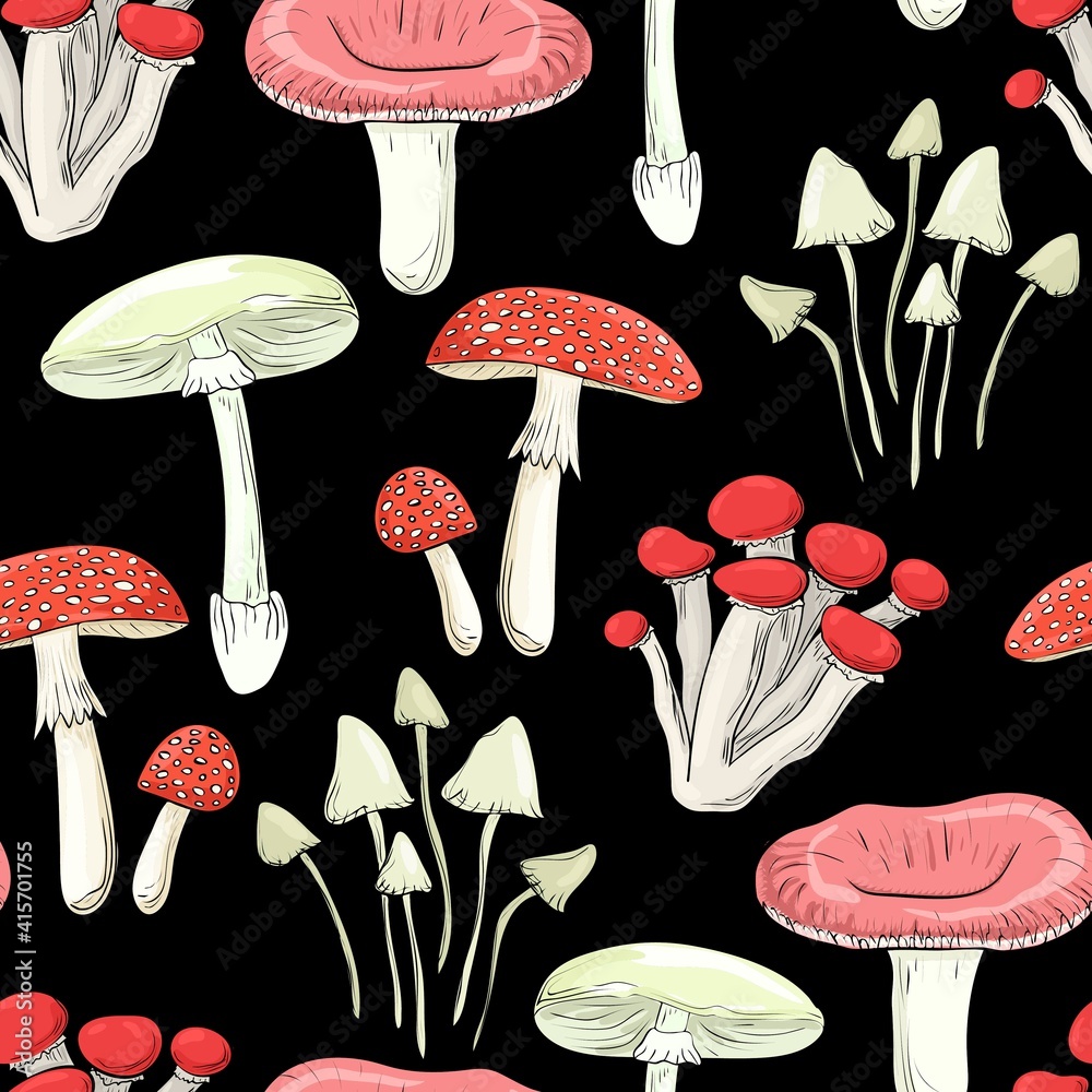 Beautiful cartoon mushrooms. Seamless pattern. Print for backgrounds, printing on fabric, paper, wallpaper, packaging. Beautiful cartoon mushrooms. Seamless pattern. Print for backgrounds, printing on fabric, paper, wallpaper, packaging.