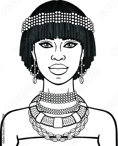 Animation portrait of the young beautiful African woman  in a dreadlocks and ethnic jewelry. Monochrome drawing. Vector illustration isolated on a white background. Be used for coloring book.