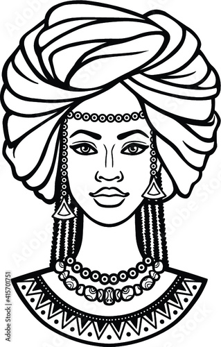 African beauty: animation portrait of the  beautiful black woman in a turban.  Monochrome drawing. Vector illustration isolated on a white background. Print, poster, t-shirt, card.