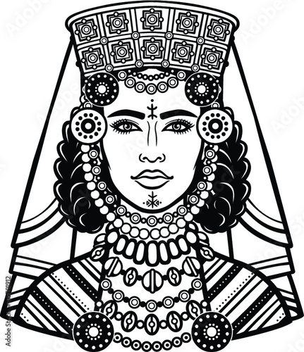African beauty: animation portrait of the  beautiful  woman in a crown. Berber culture. Monochrome drawing. Vector illustration isolated on a white background. Print, poster, t-shirt, card.