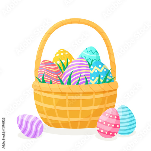 Vector illustration of a wicker basket with Easter eggs. Isolated on a white background. Brightly colored Easter eggs