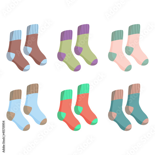 Set of multicolored vintage socks. Pair of socks vector illustration isolated on white background

