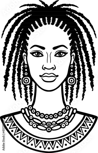 Animation portrait of the young African woman. Monochrome linear drawing. Vector illustration isolated on a white background. Print, poster, t-shirt, card. 