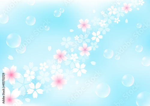 桜とシャボン玉と青空　ベクターイラスト素材（水色背景）