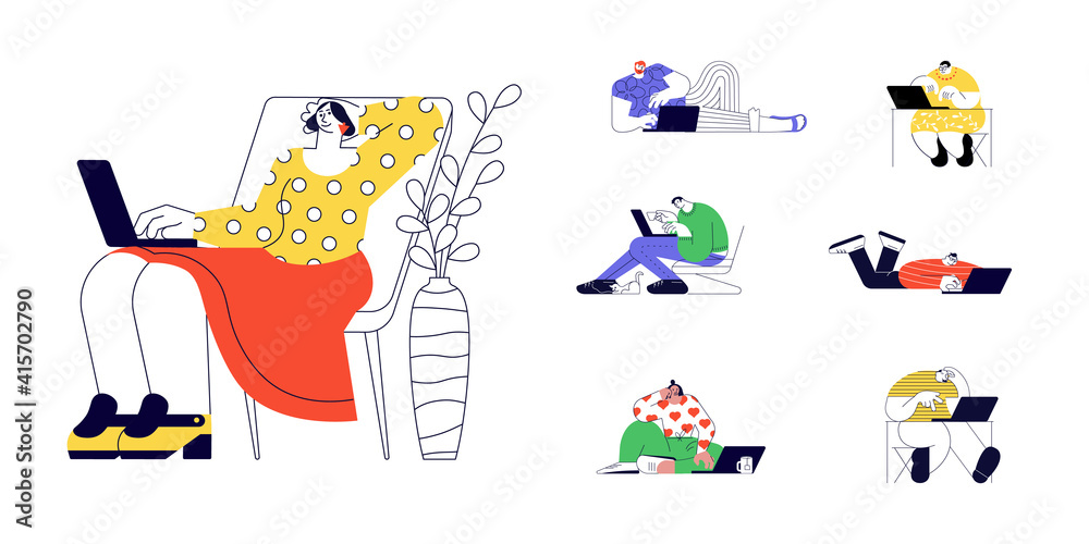 Set of Digital device young an elderly users surfing internet. Men and women using laptop computers for web browsing. Flat Art Vector illustration Set of Digital device young an elderly users surfing internet. Men and women using laptop computers for web browsing. Flat Art Vector illustration