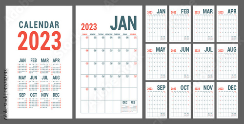 Calendar 2023. English red planner template. Vector grid. Office business planning. Creative design