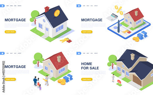 Set of concept banners for mortgage, rent and new home purchase.