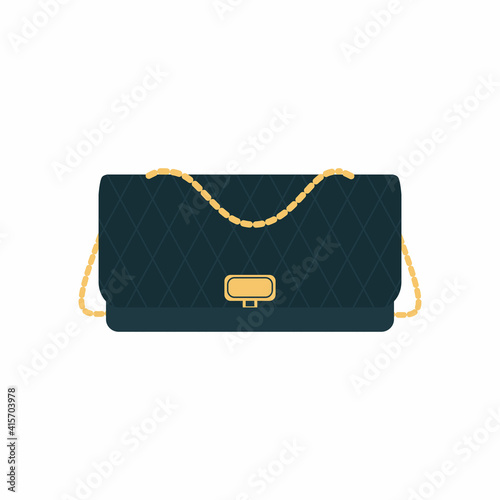 Vector flat icon of Quilted bag. Elegant classy black woman bag with gold chain strap. Fashionable female outfit accessories isolated on white background in cartoon style. Vector illustration