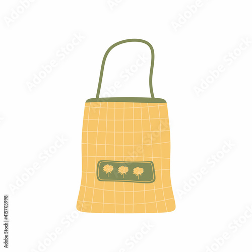 Tote bag for shopping, storage. Green beige fabric cloth or paper bag. Save Earth ecology concept. Flat style vector illustration for eco store, organic food shop, local market banner, vegan site.