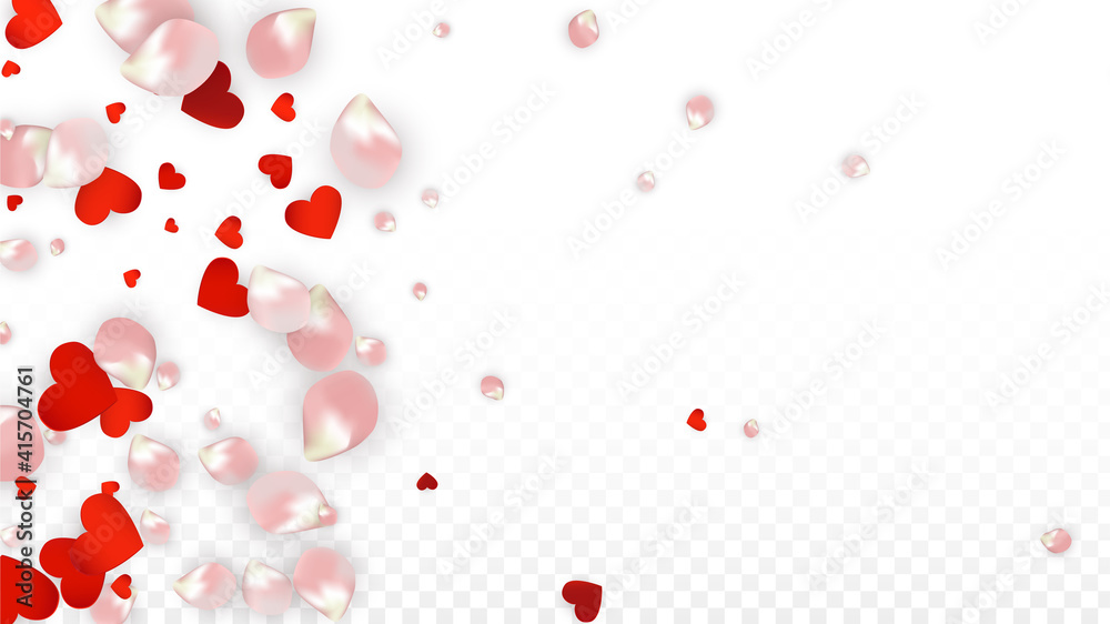 Vector Realistic Petals and Hearts Confetti. Flying Rose and Hearts on Transparent Background.