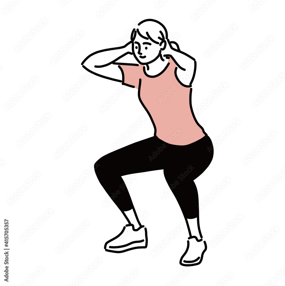 スクワット かがんでいる 女性 エクササイズ ペン画 水彩 手描き イラスト Stock Vector Adobe Stock