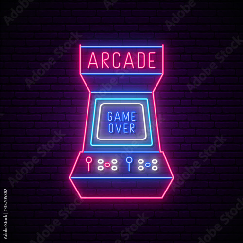 Neon arcade game machine sign . Glowing entertainment emblem, bright advertising banner. Arcade game neon signboard. Vector illustration.