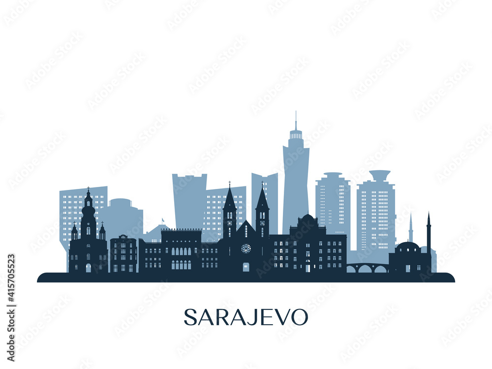 Sarajevo skyline, monochrome silhouette. Vector illustration.