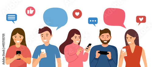 People make online chat with his friends or colleague via smartphone in flat design on white background. Social media network, digital communication, chat message, video call concept.	