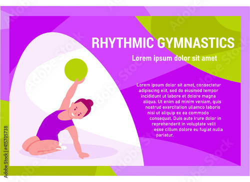 Banner rhythmic gymnastics for children. Little girl with a ball. Vector illustration in flat cartoon style.