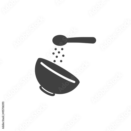 Adding sugar spoon into bowl vector icon. filled flat sign for mobile concept and web design. Cooking and baking instruction glyph icon. Symbol, logo illustration. Vector graphics