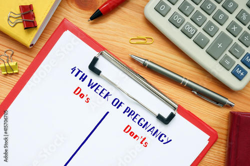  Financial concept about 4TH WEEK OF PREGNANCY Do's and Don'ts with inscription on the piece of paper.